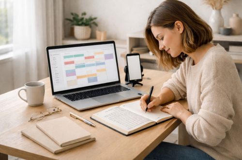 planning social media workflow and posting schedule at home